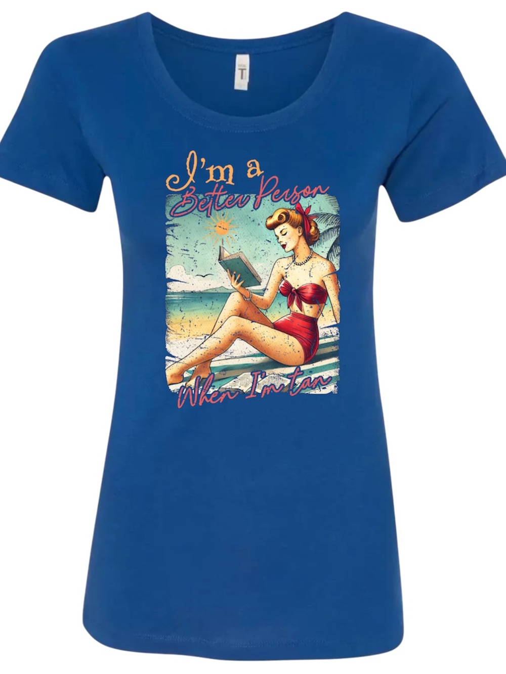 Funny Summer Vacation T-Shirt Retro Pinup Girl Reading Beach Graphic Tee